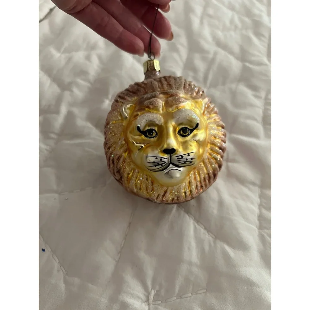 Christopher Radko Lion Glass Christmas Ornament Gold Glitter Mane Animal Head